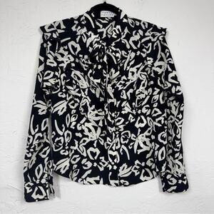 Tanya Taylor Blue White Silk Ruffled Button Down Shirt Womens 2 Coquette Blouse